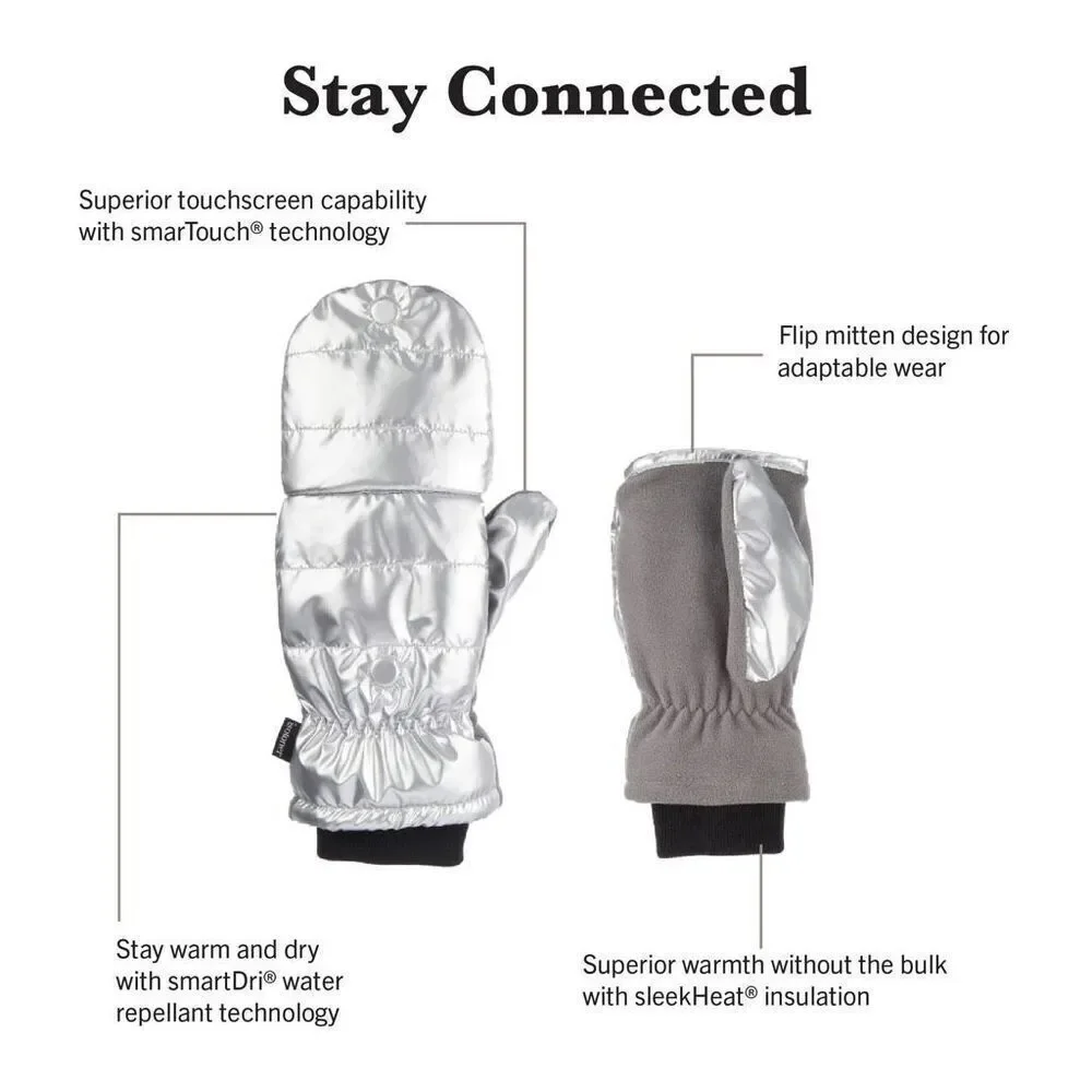 Isotoner Women’s Metallic Silver Flip-Top Mittens Warm Insulated L/XL New